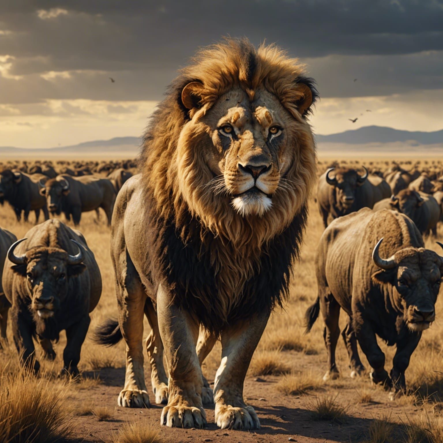 Lion Watches Cape Buffalo: Detailed Matte Painting