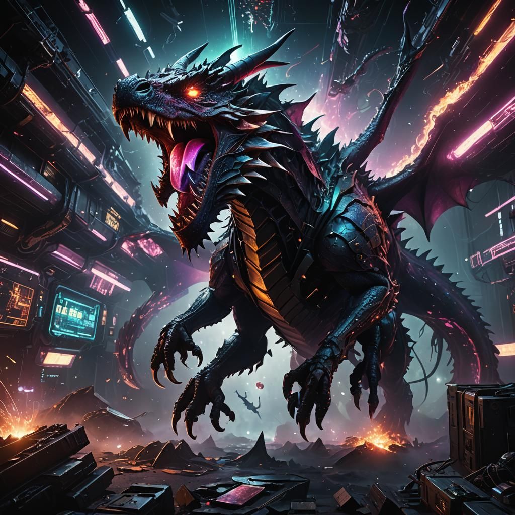 Cyberpunk Dragon Devours Universe in Matte Painting Style