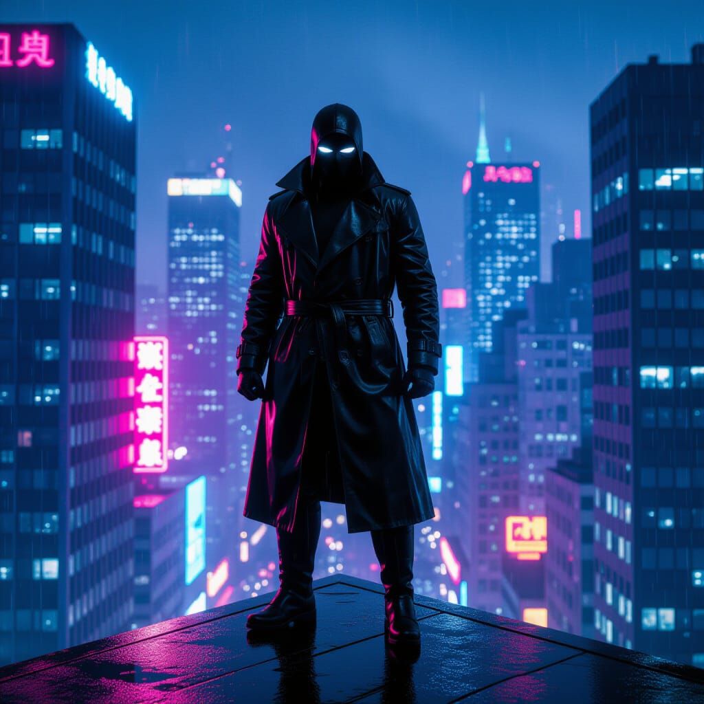 Neon Vigilante Rises in Cyberpunk Cityscape