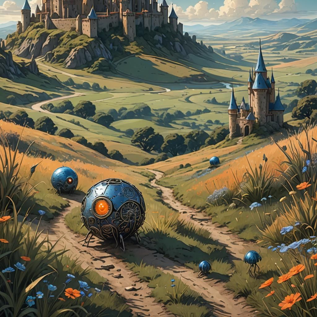 One-Eyed Metal Creatures in Grassy Valley, Digital Art