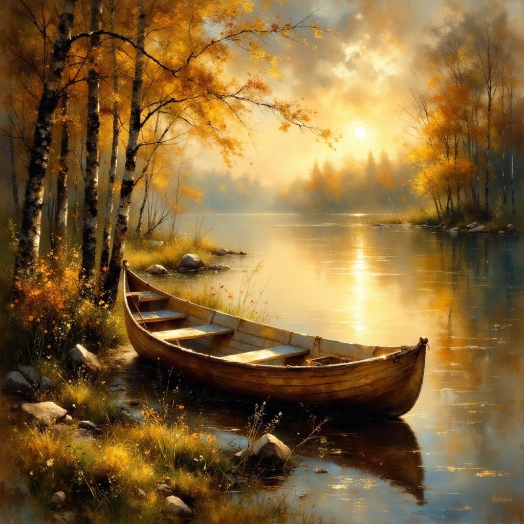 Lakeside Rowboat at Golden Hour in Spring