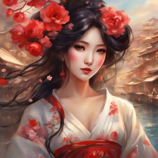 Beautiful Geisha Portrait in Detailed Style
