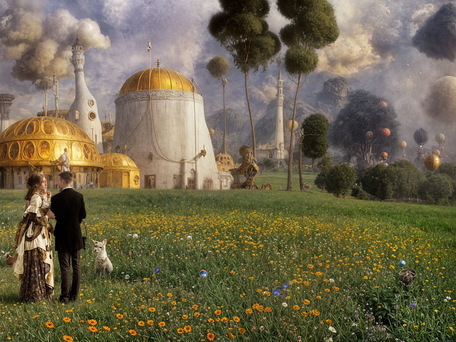 Surreal Golden Flying Saucer in Hyperrealistic Style