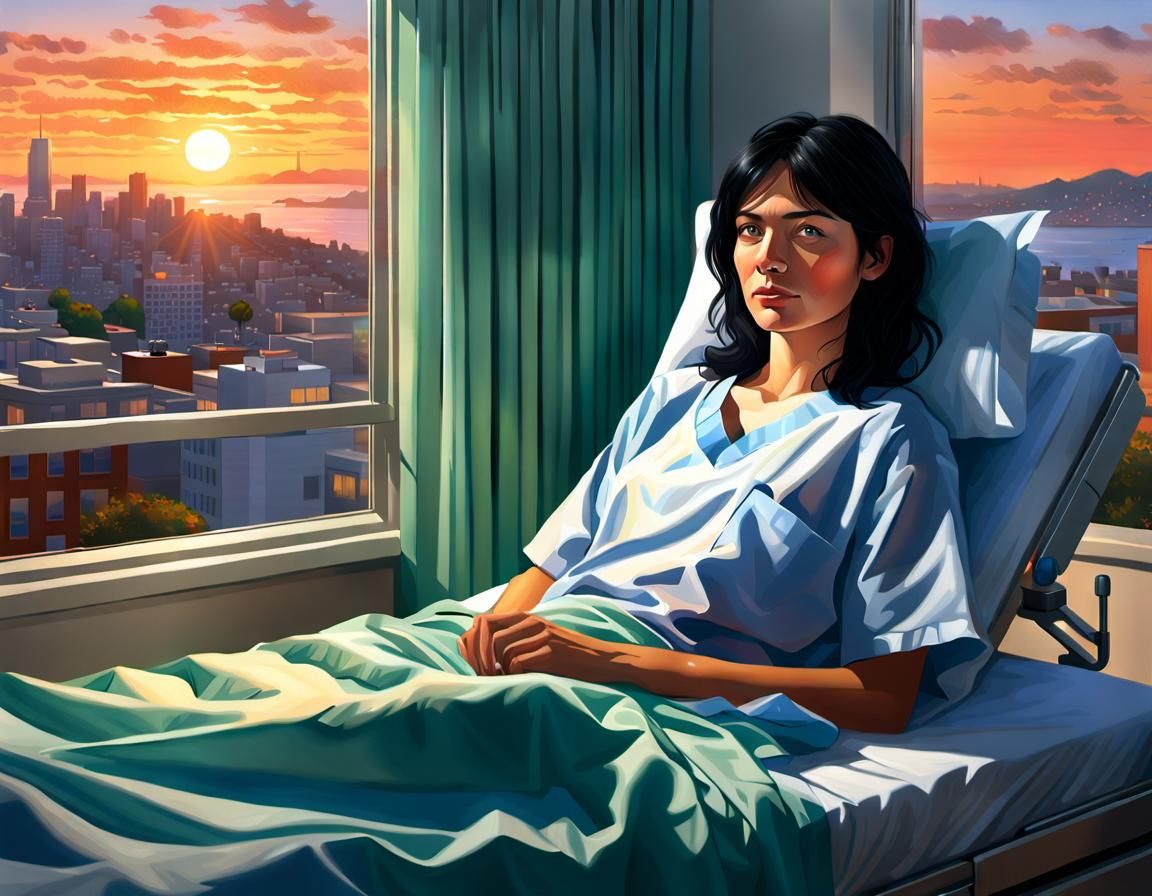 Beautiful Woman in Hospital Bed at Sunset: Digital Art
