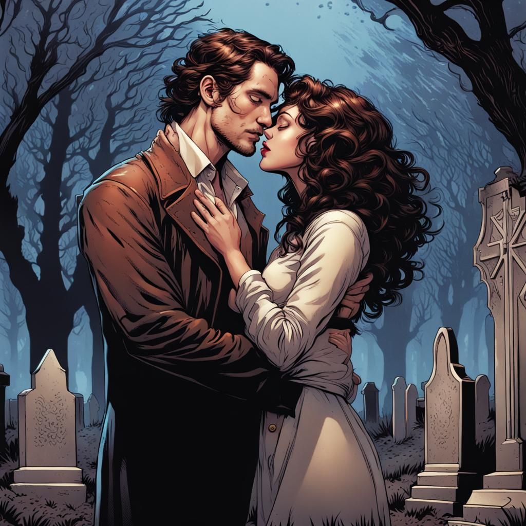 Lovers Share a Kiss in Cemetery, Comic Book Art