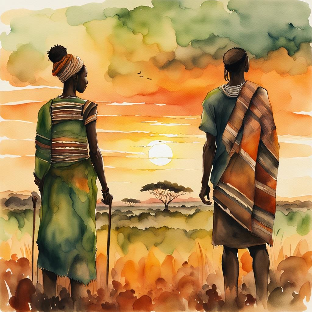 Ethereal African Tribal Couple Gaze into Distant Sunset