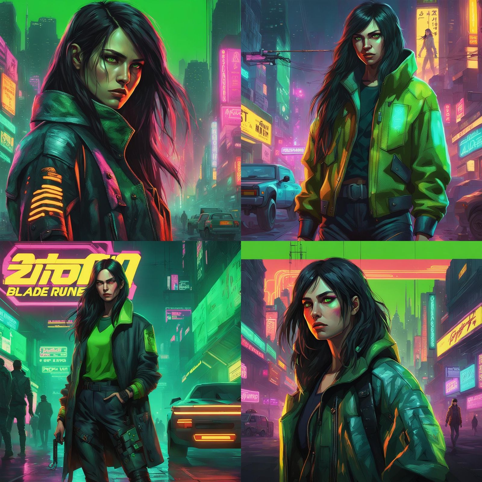 Cyberpunk Woman with Green Eyes in Neon Cityscape