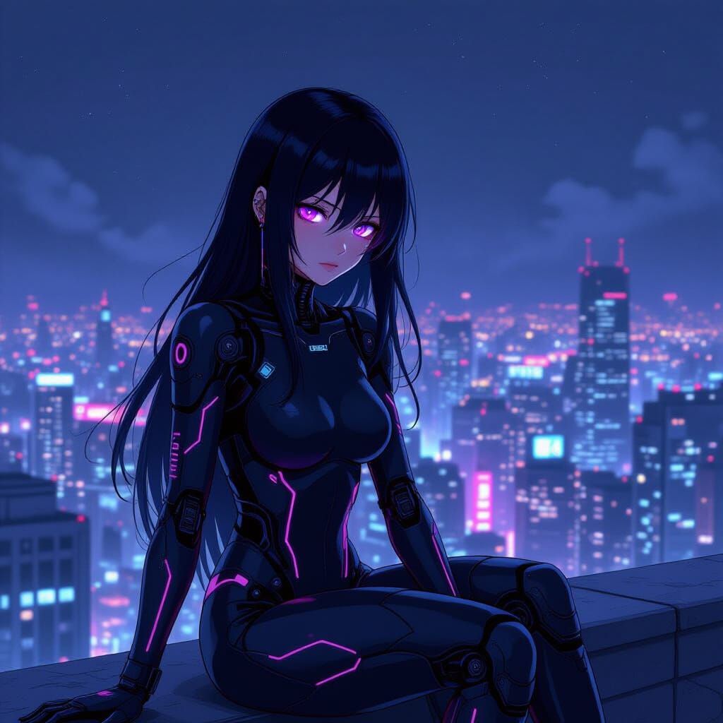 Melancholic Anime Cyborg Over Cyberpunk City at Night