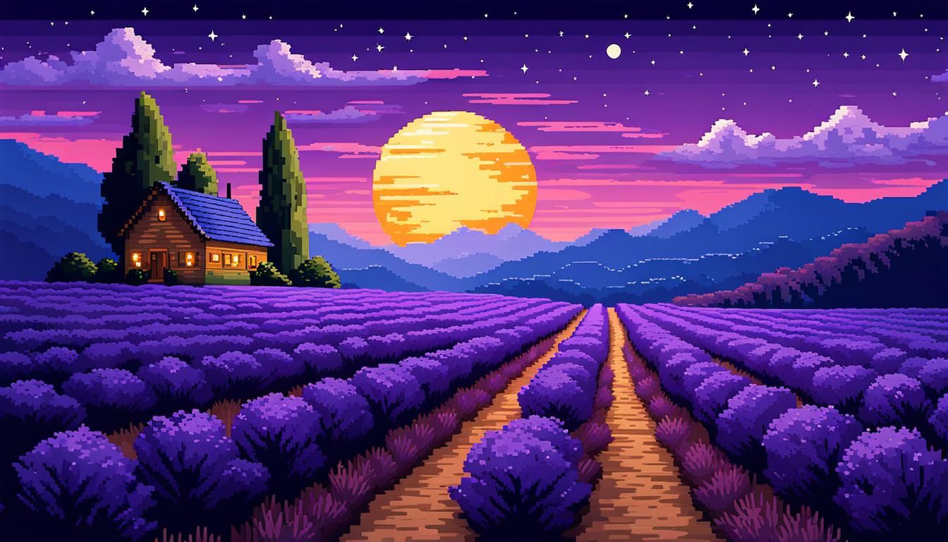 Lavender Fields at Night: Pixel Art in 16-bit Style