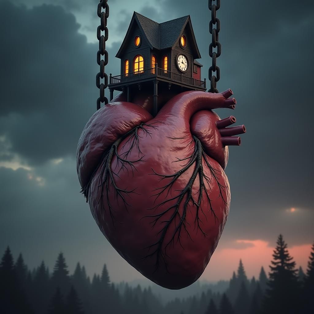 Surreal Heart Carries Victorian House in Storm