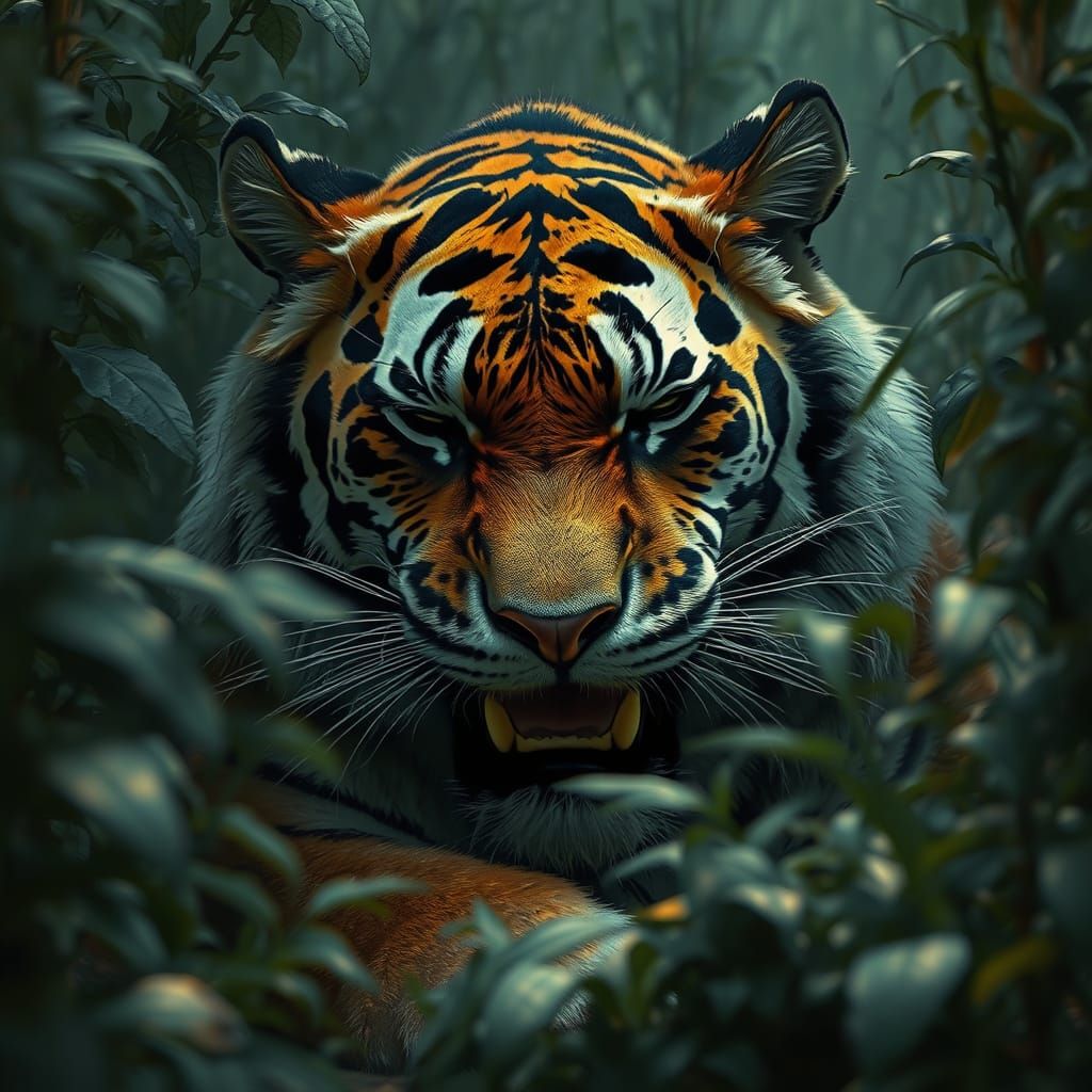 Sinister Tiger Grinning in Dense Thicket