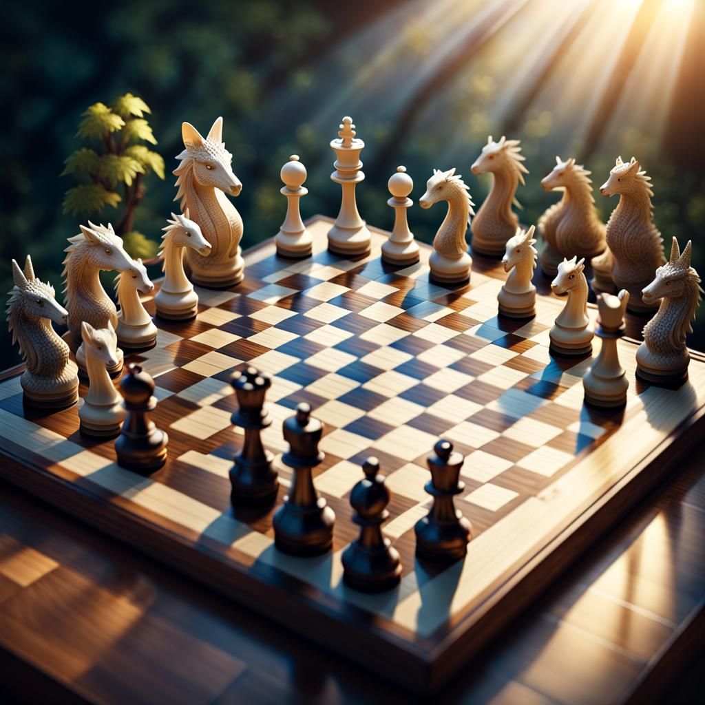 realistic, fairy-tale world on a chessboard, chess pieces in...