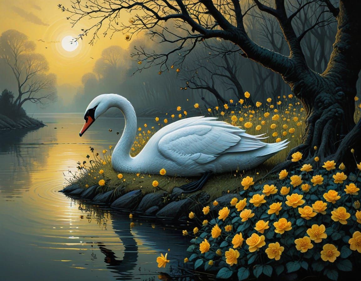 Earthy Lakeside Scene in Gothic Comic Style