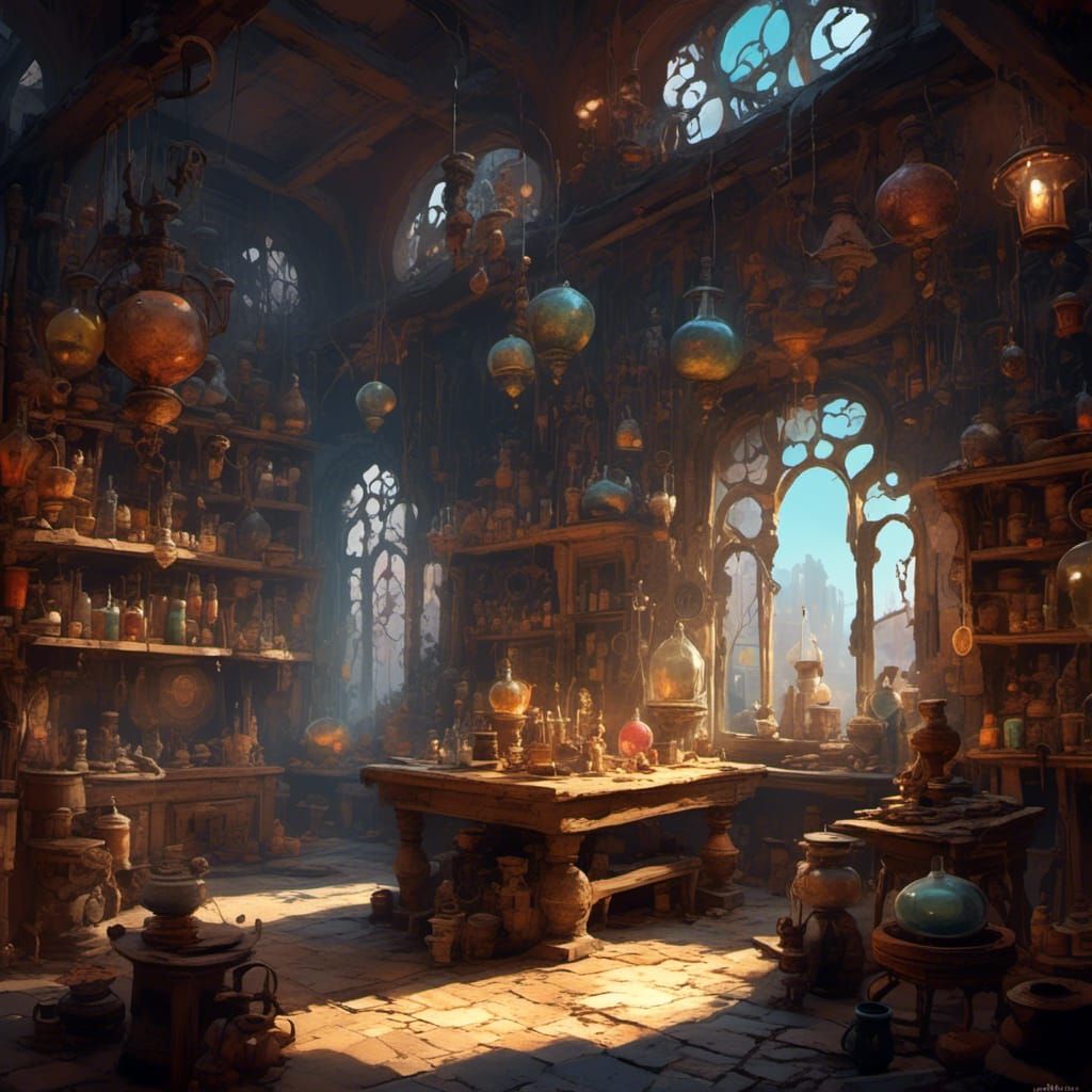 Alchemist Laboratory with Colored Smoke: Detailed Matte Pain...