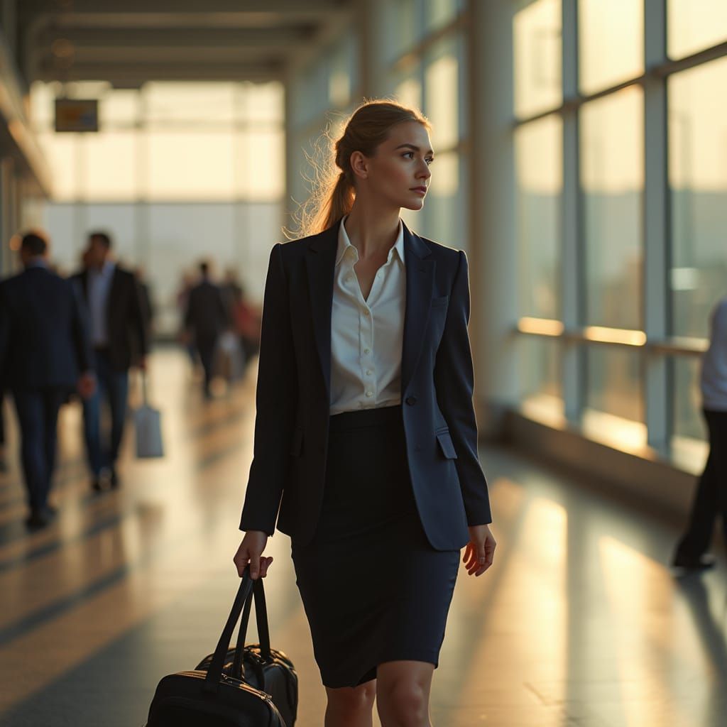 Professional Woman Striding Through Airport Terminal