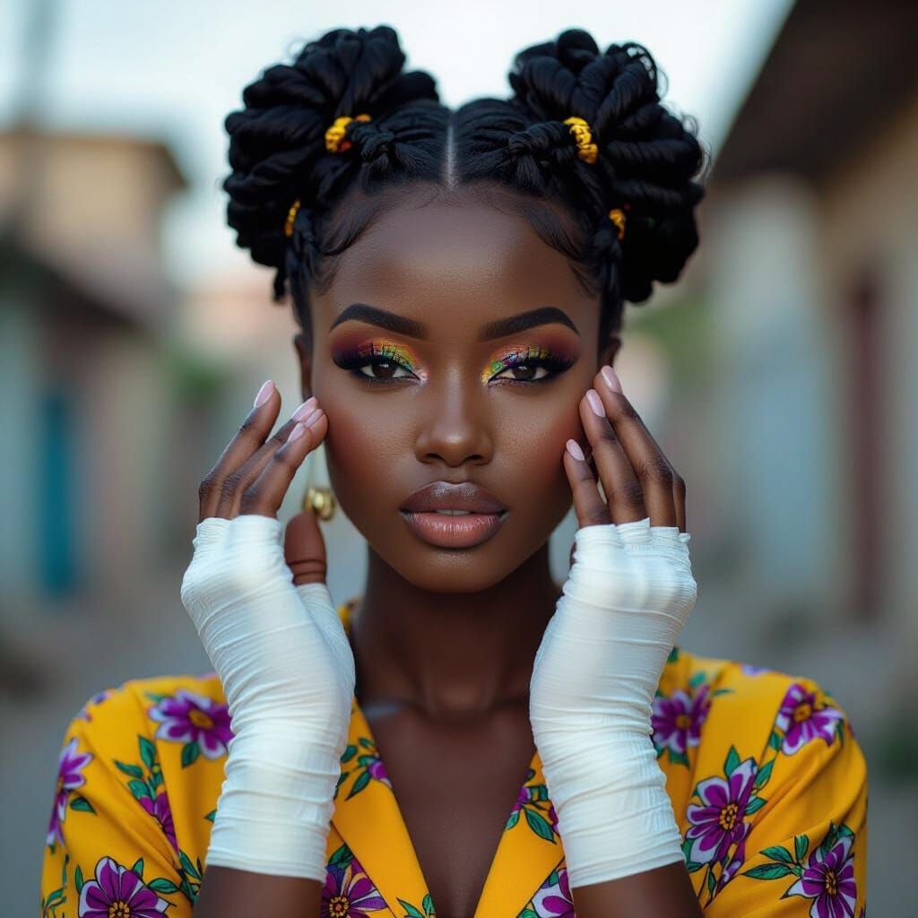 Resilient Nigerian Woman With Bandaged Hands in Urban Settin...