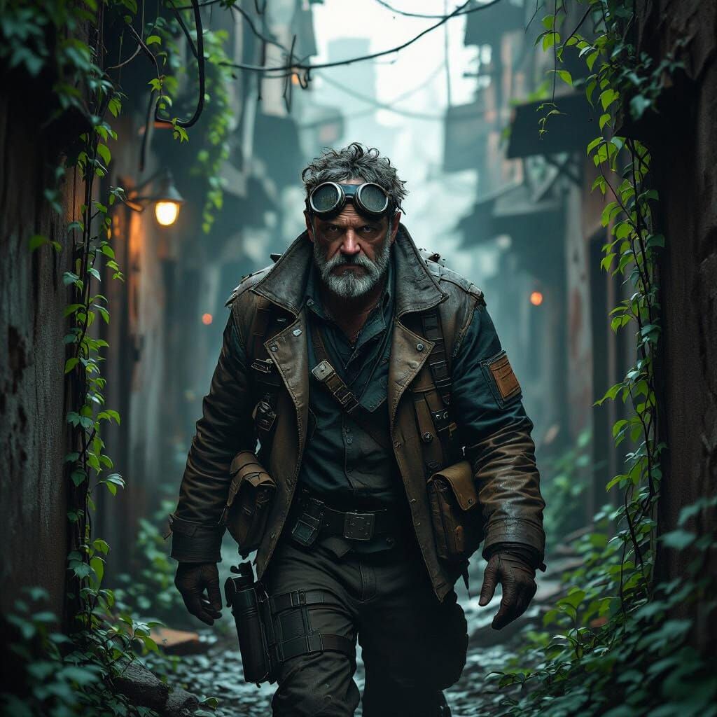 Post-Apocalyptic Survivor in Overgrown City Alleyway