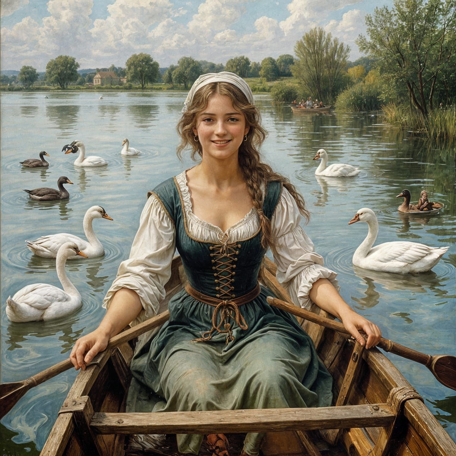 Mediaeval Woman Rowing a Boat with Swans, Oil Painting