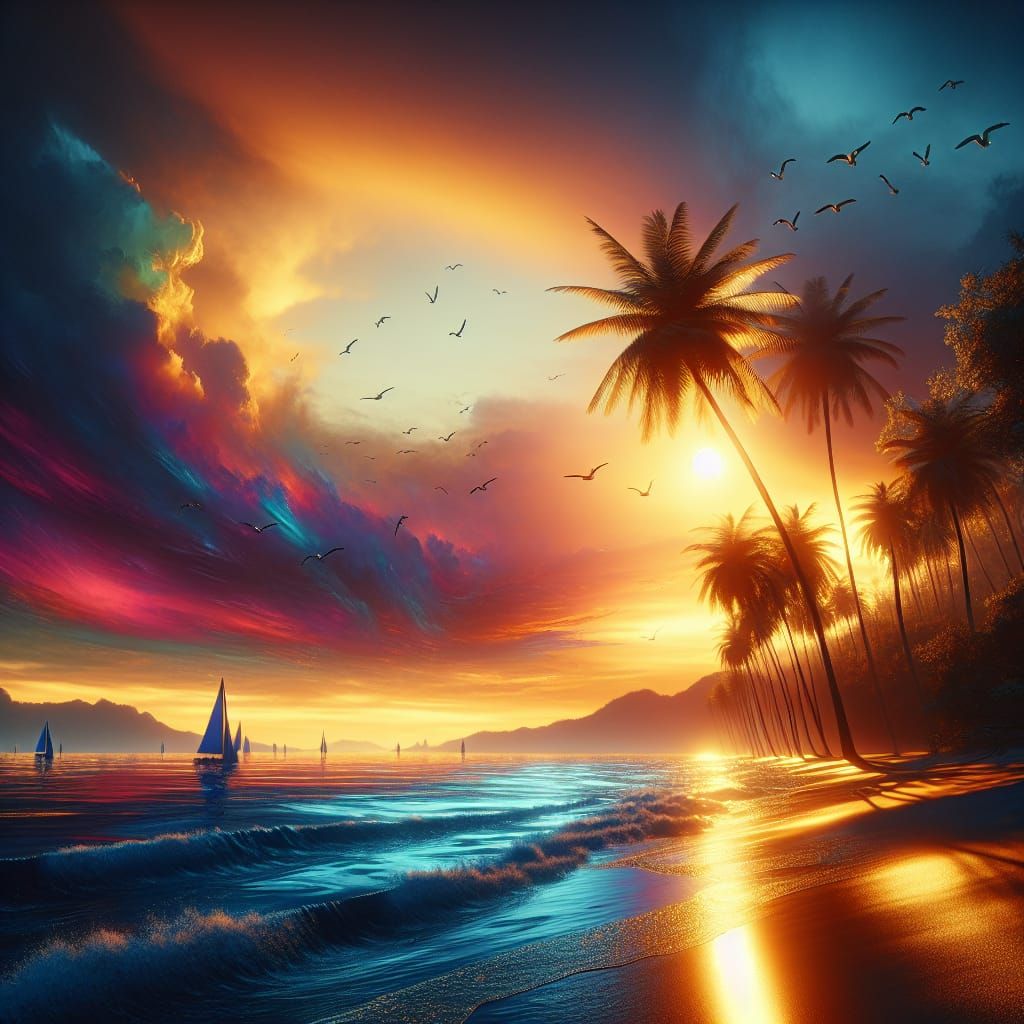 Hyperrealistic Sunset Beach Scene with Swaying Coconut Trees