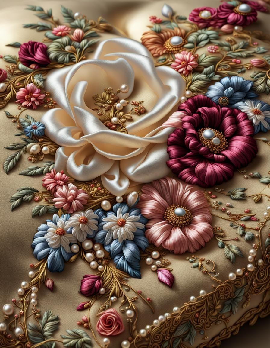 Detailed Ribbon Embroidery Flowers on Golden Cushion
