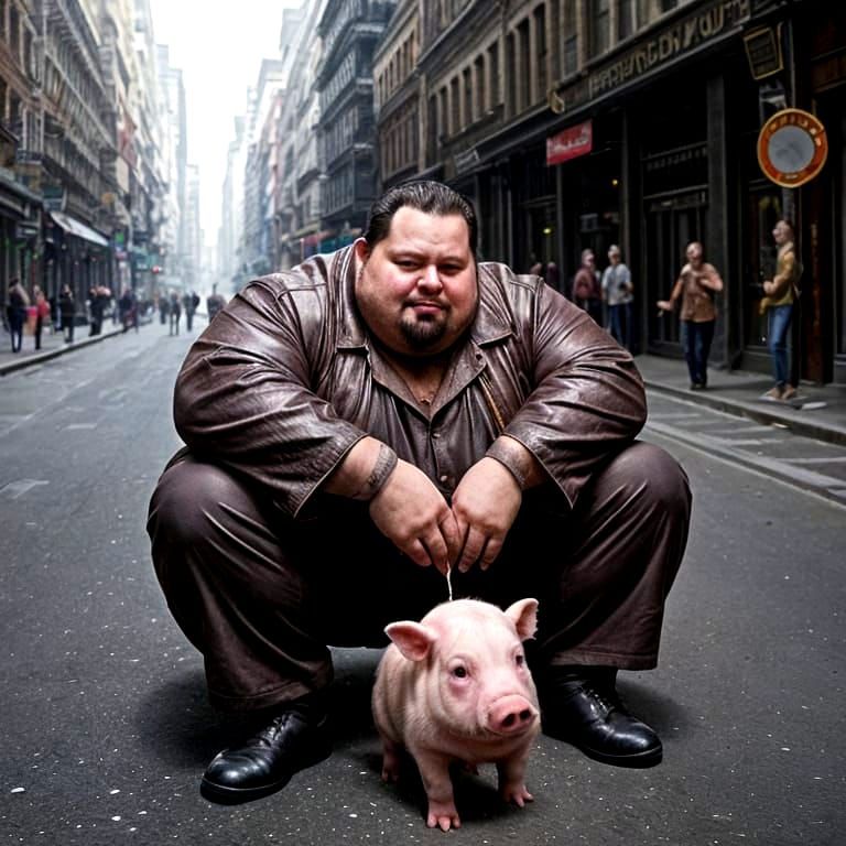 Futuristic Beggar with Pig Head in Cyberpunk City