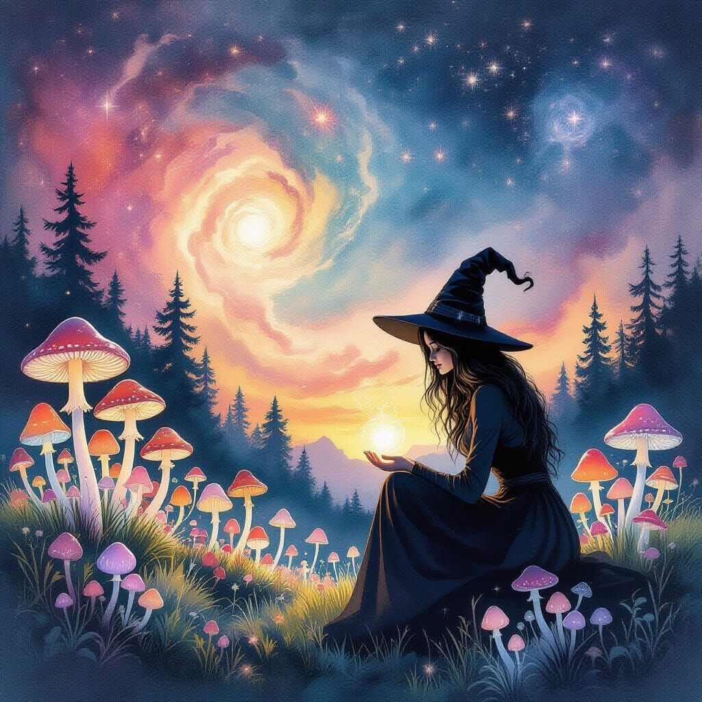 Witch Tends Bioluminescent Garden Under Cosmic Sky
