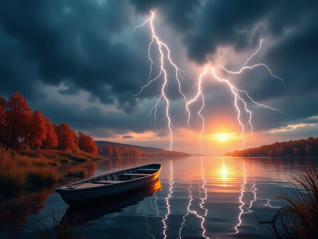 Autumn Lake Storm with Boat in Vibrant Hues
