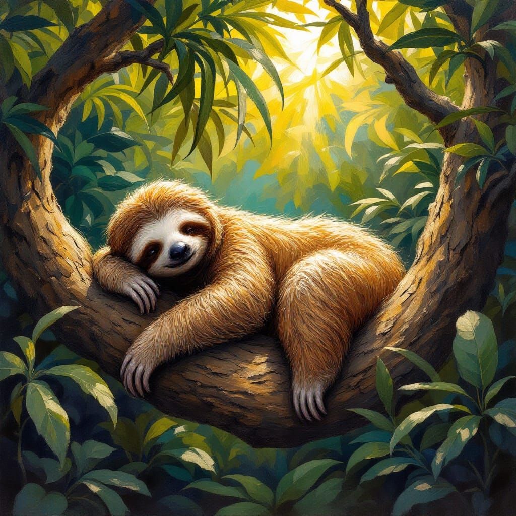 Impasto Oil Painting of a Serene Sloth in a Rainforest
