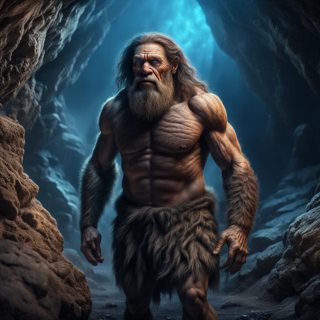 Realistic Neanderthal Man in Misty Cave