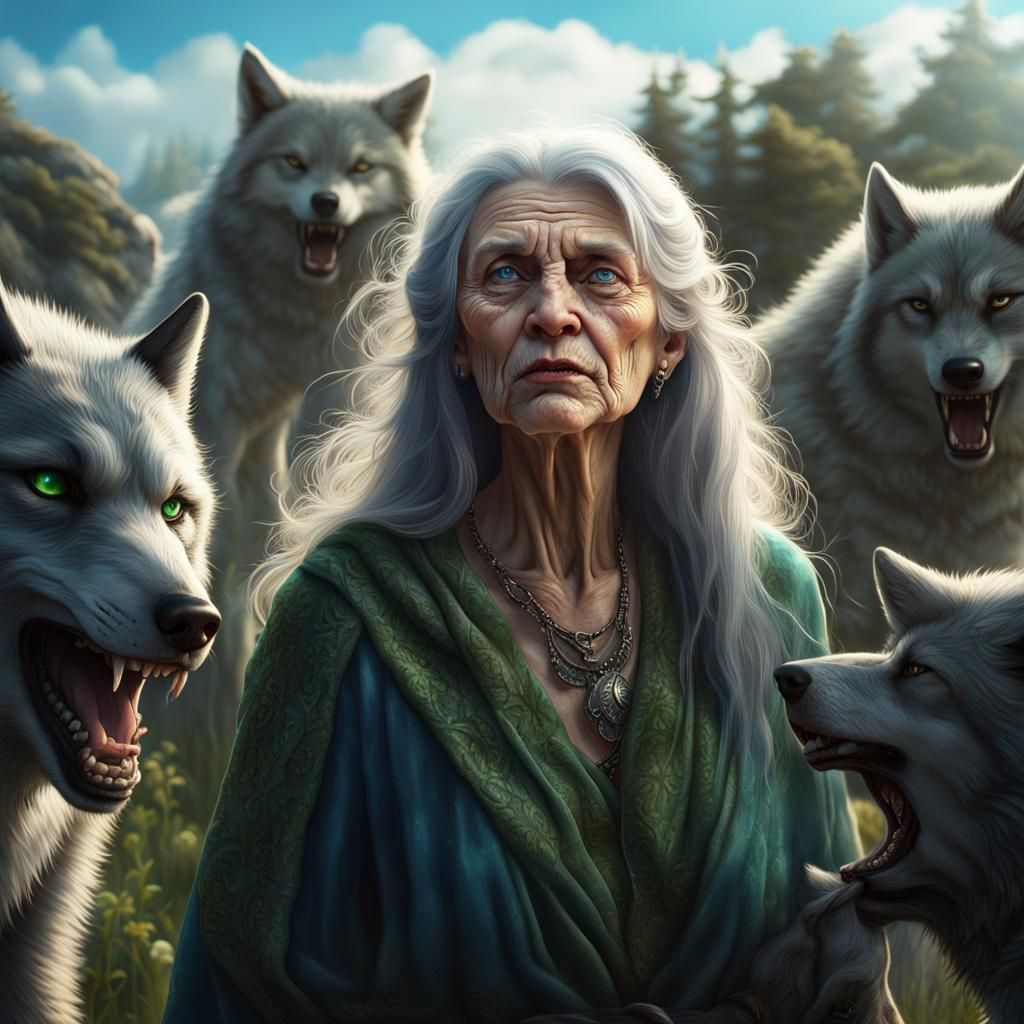 Menacing Old Woman Surrounded by Wolves