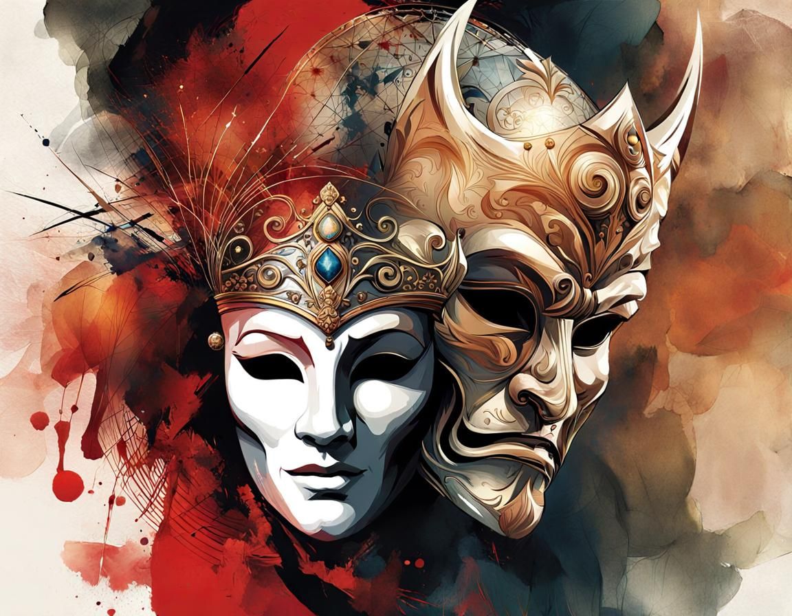 Comedy and Tragedy Masks in Watercolor Style