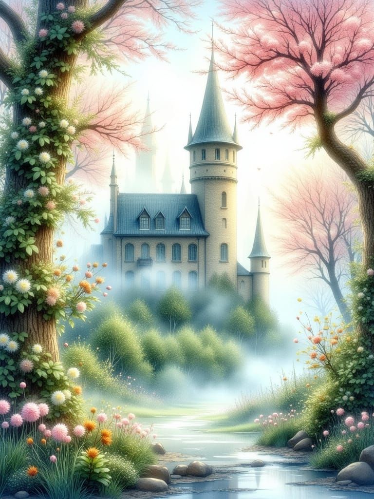 Dreamy Watercolor Castle in Misty Cherry Blossom Forest