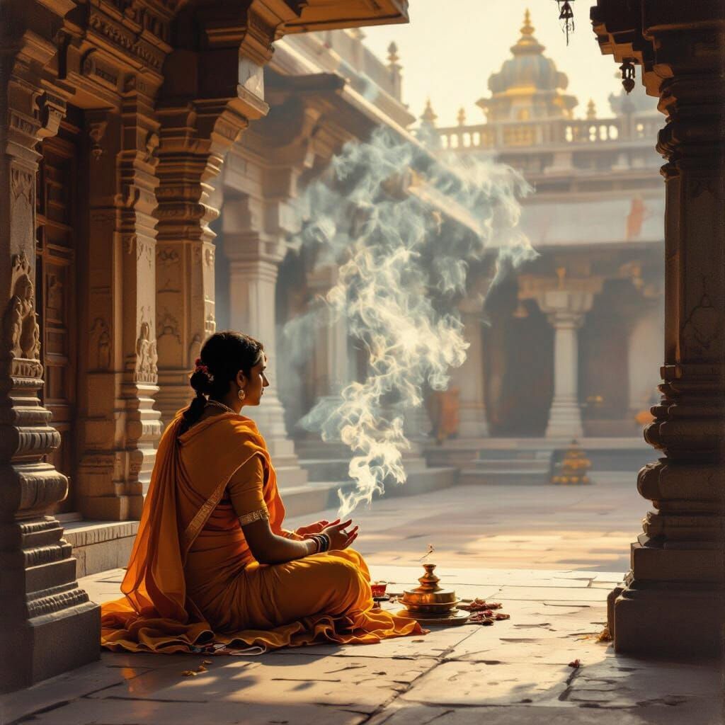 Brahmin Priest in Sunlit Temple Courtyard