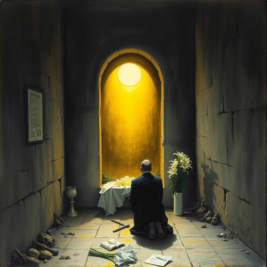 Creepy Penitent Man with Lilies in Watercolour