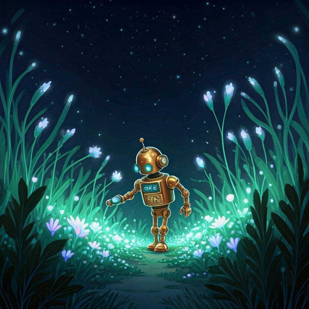 Whimsical Robot Tends Bioluminescent Garden at Night