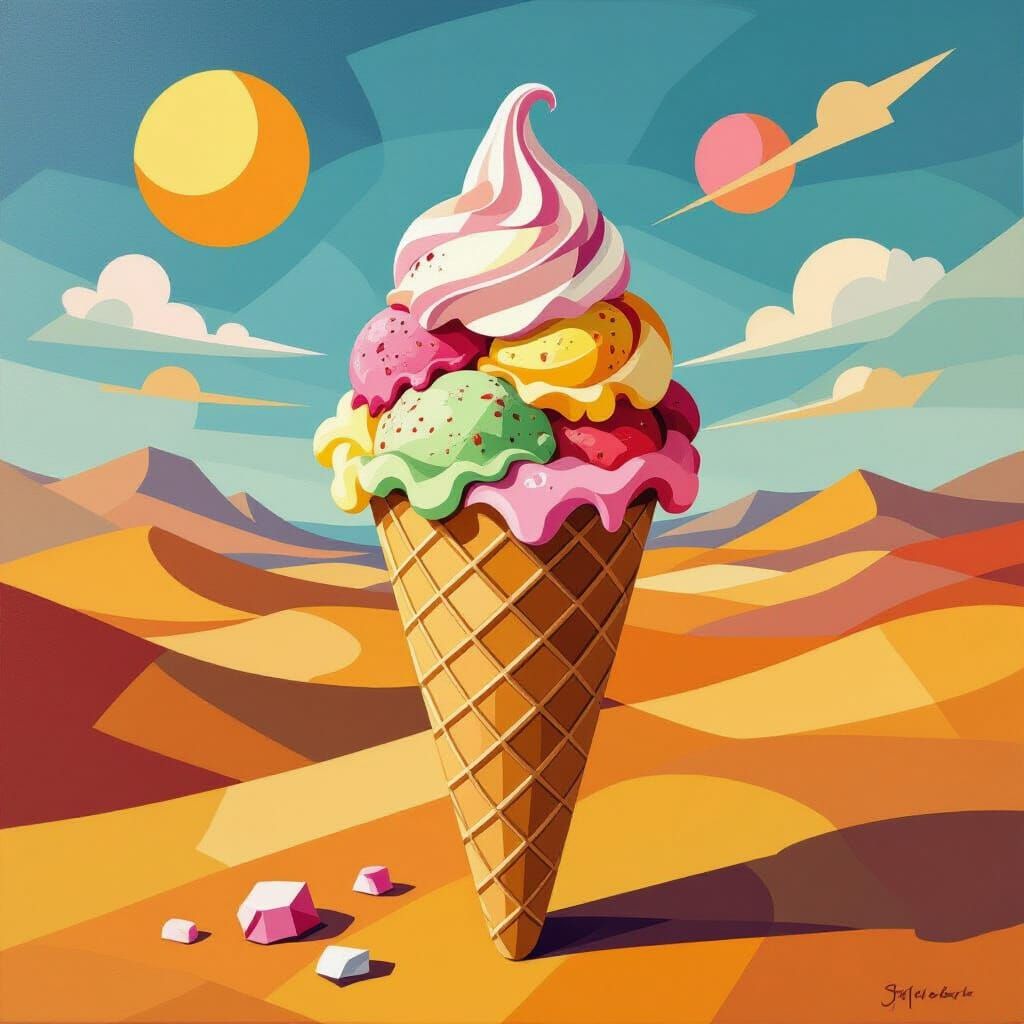 Abstract Cubist Ice Cream in Desert Landscape