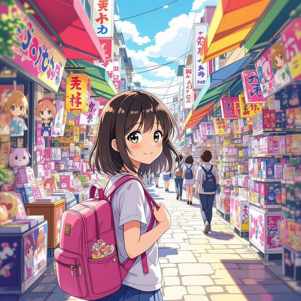 Cheerful Japanese Girl in Anime Market Street
