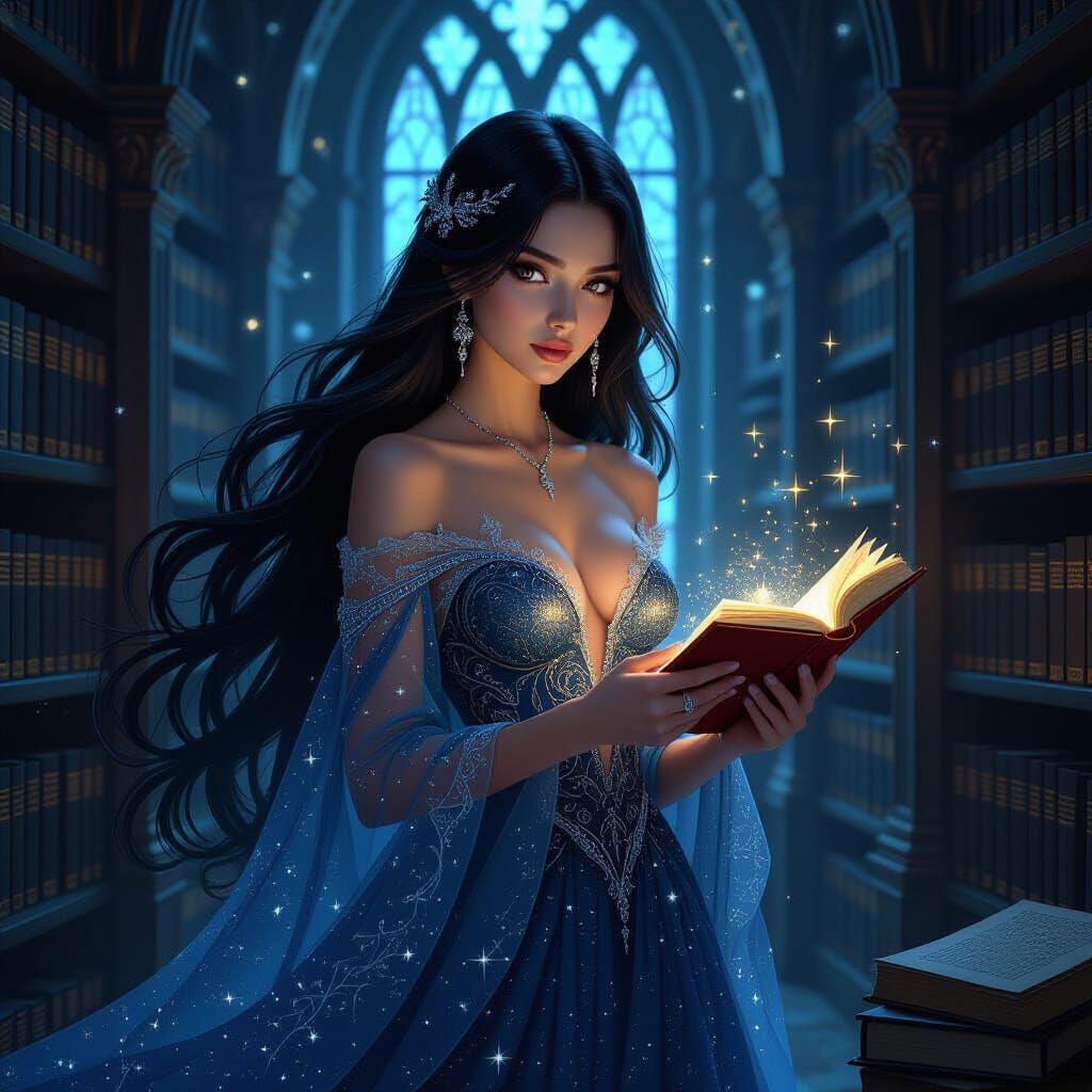 Gothic Library: Woman in Starlight Gown, Art Nouveau Style