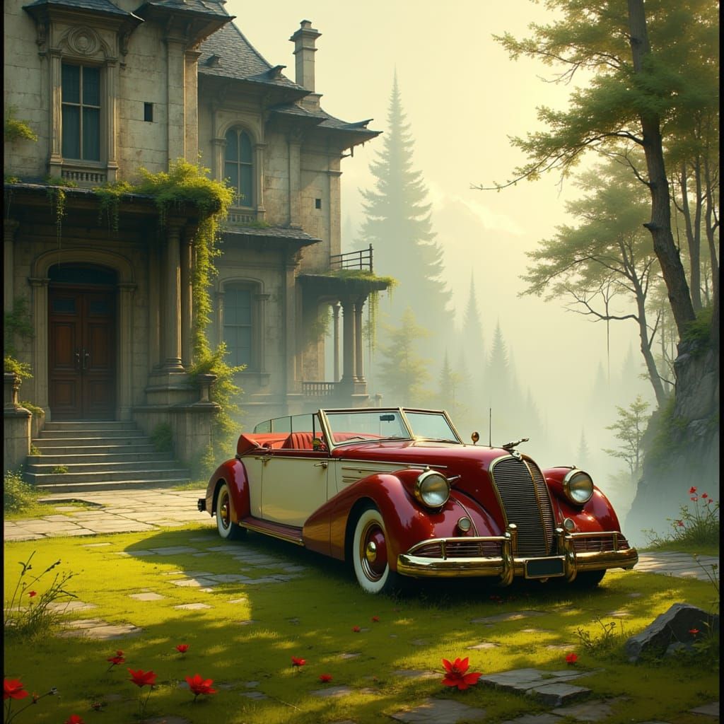 Steampunk 1948 Limousine in Morning Mist