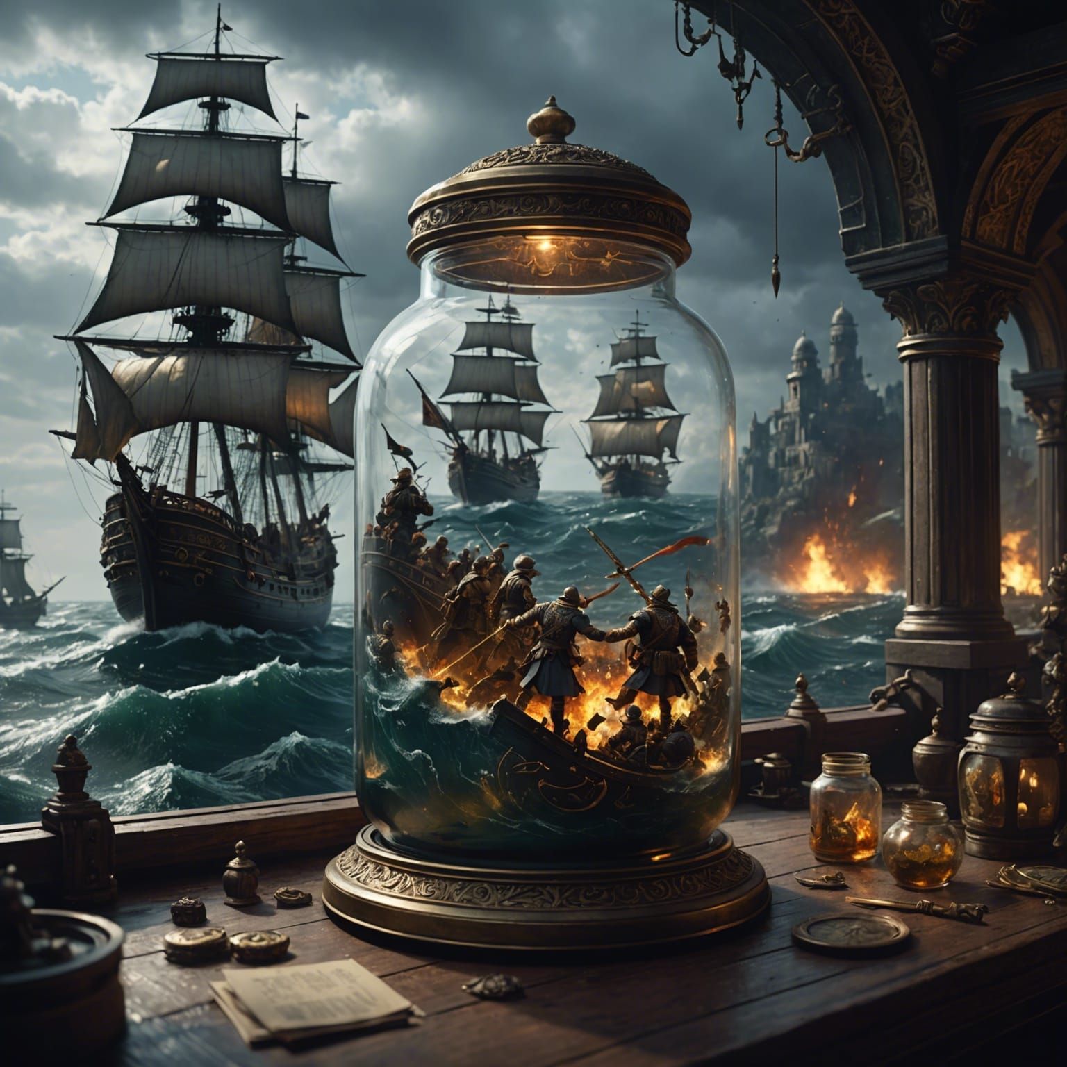 Naval Battle in a Jar: Dark Fantasy Concept Art