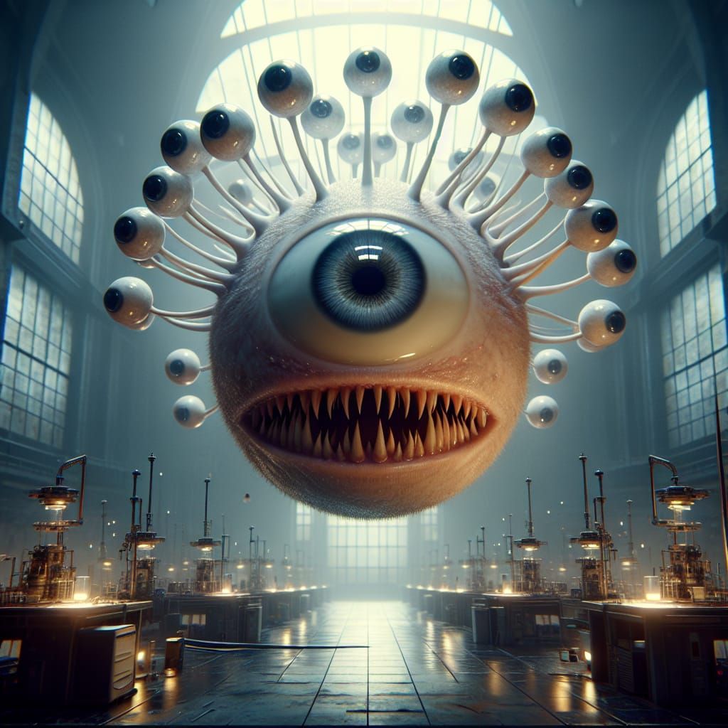 Hyperrealistic Beholder in Mystical Lab