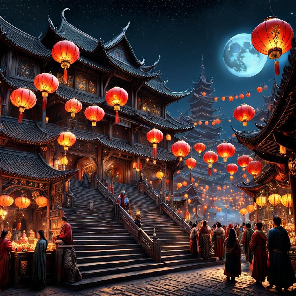 Fantasy Asian Night Market with Lanterns