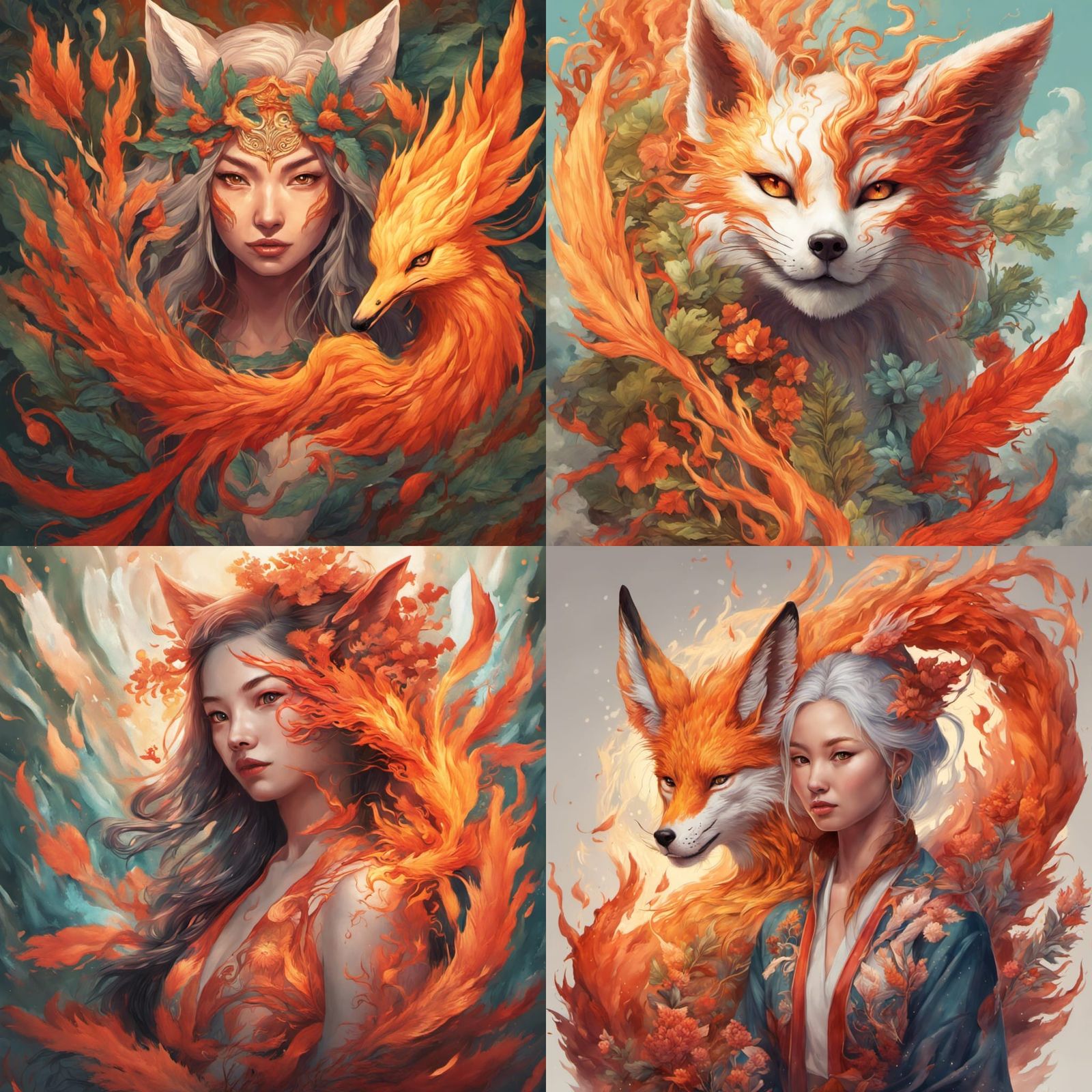 Hyperrealistic Kitsune with Phoenix and Wildfire