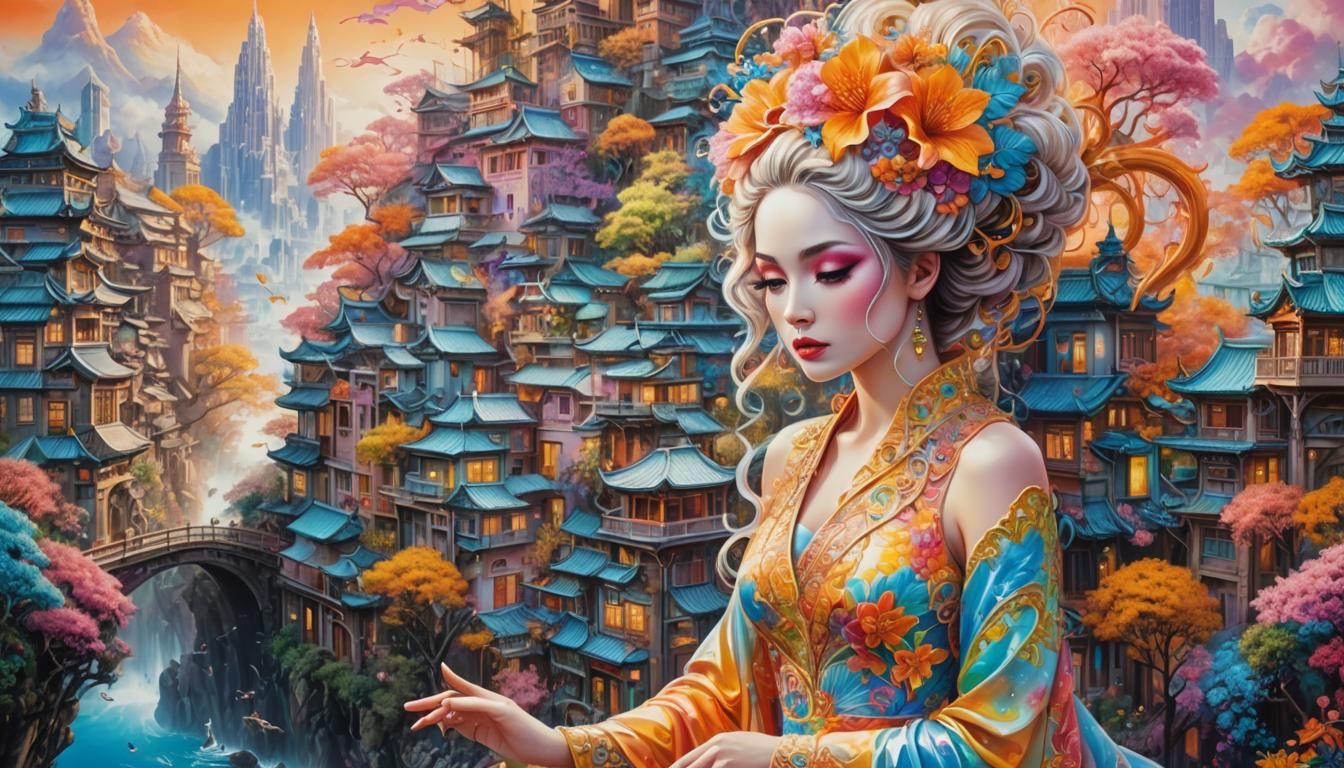 Dreamy Japanese Cityscape in Watercolor Style