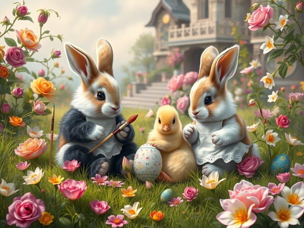 Bunnies Painting Easter Eggs in a Lush Meadow