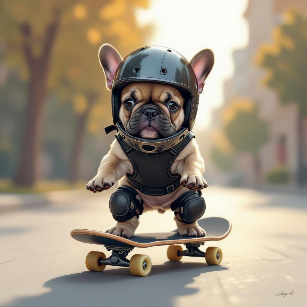French Bulldog Puppy Skater in Miniature Helmet