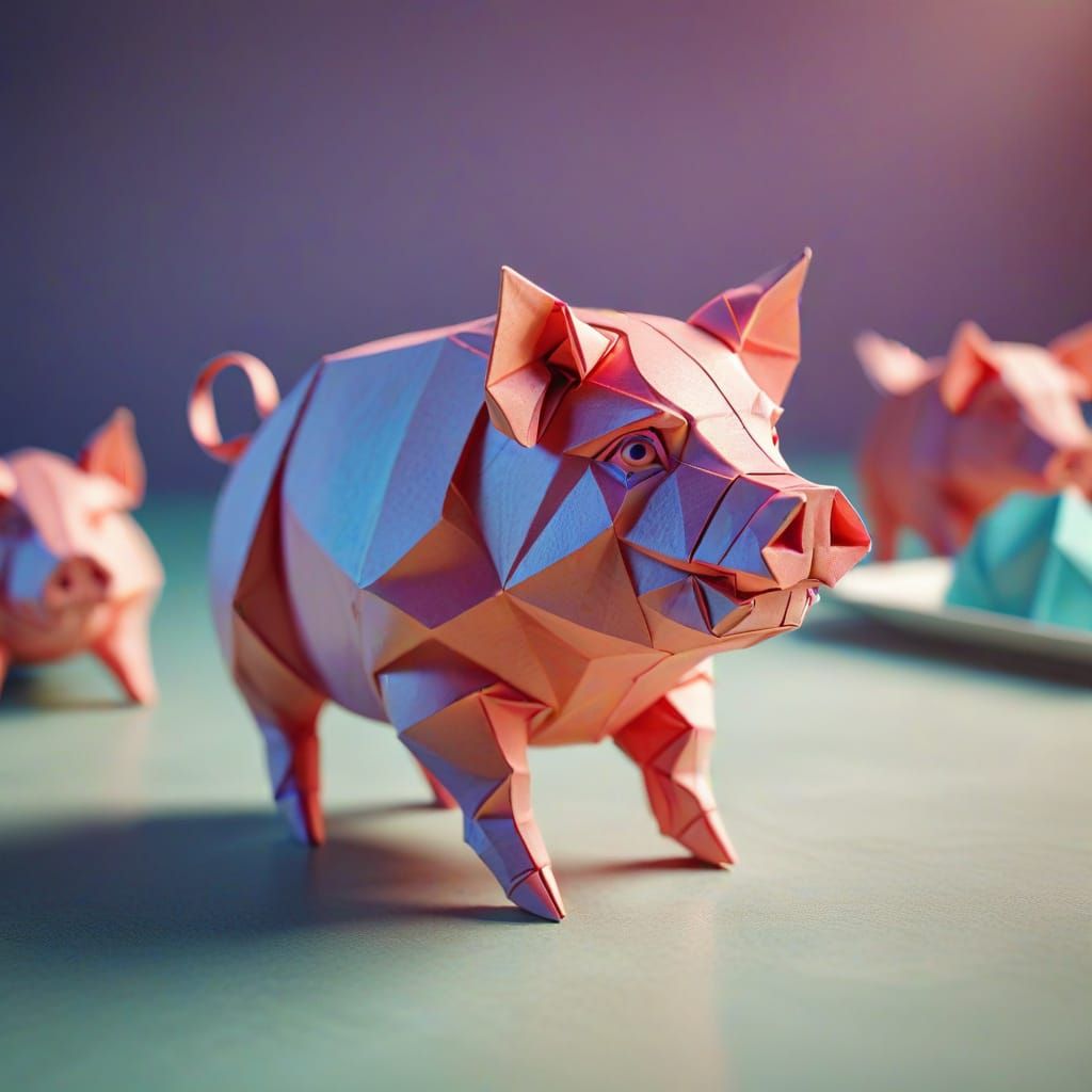 Vibrant Origami Pig: Macro Digital Art