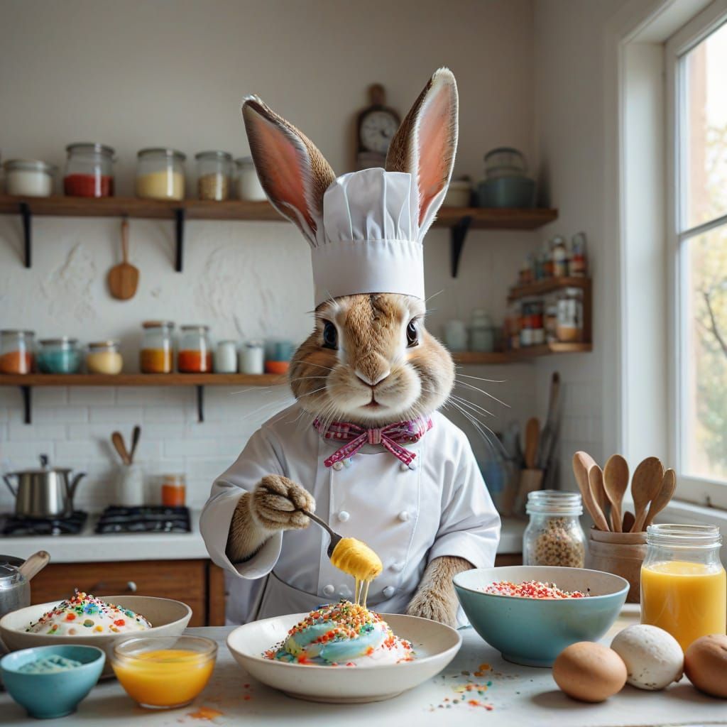 Bunny Chef Baking in Watercolor Fantasy
