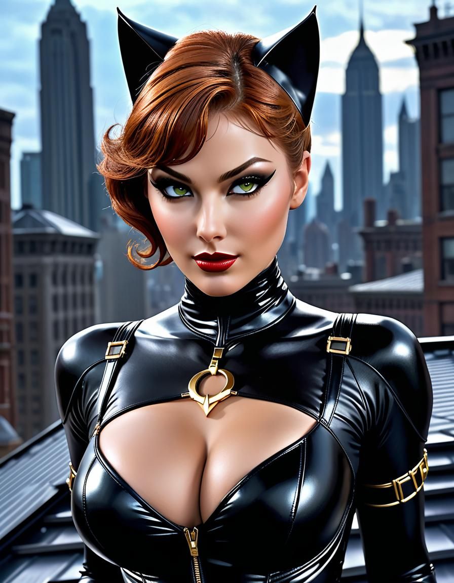 Catwoman on Gotham Roof: Hyperrealistic Splash Art