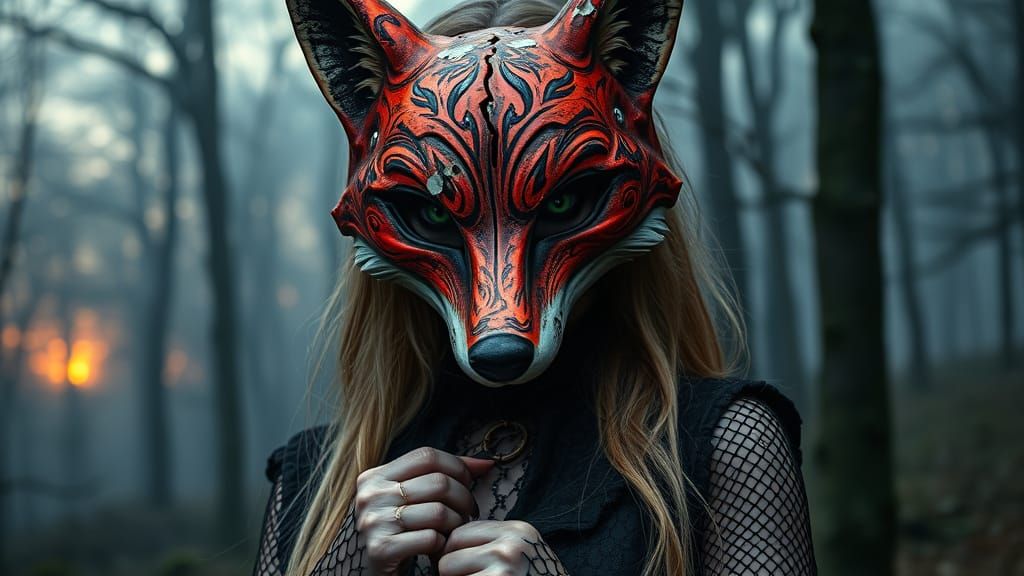 Gothic Woman in Foggy Forest with Fox Mask